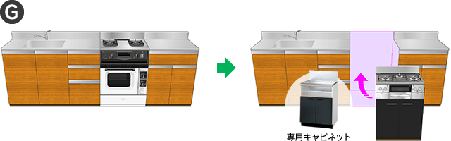 専用キャビネットを設置（オーブン撤去）してビルトインガスコンロを交換