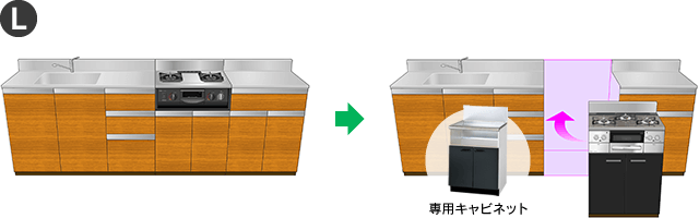 専用キャビネットを設置してキャビネット型グリル付コンロからビルトインガスコンロに交換