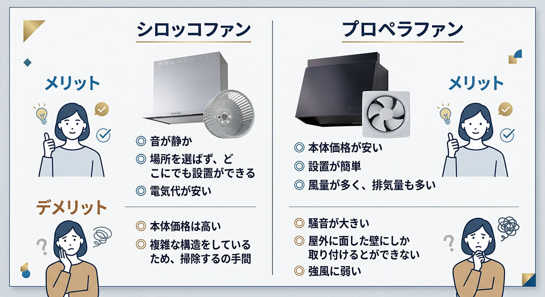 レンジフードのプロペラファンとシロッコファンの違いとは？